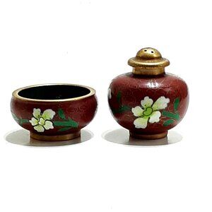 Chinese Cloisonne Open Salt & Pepper Vintage Enamel Brass Lotus Floral Red White